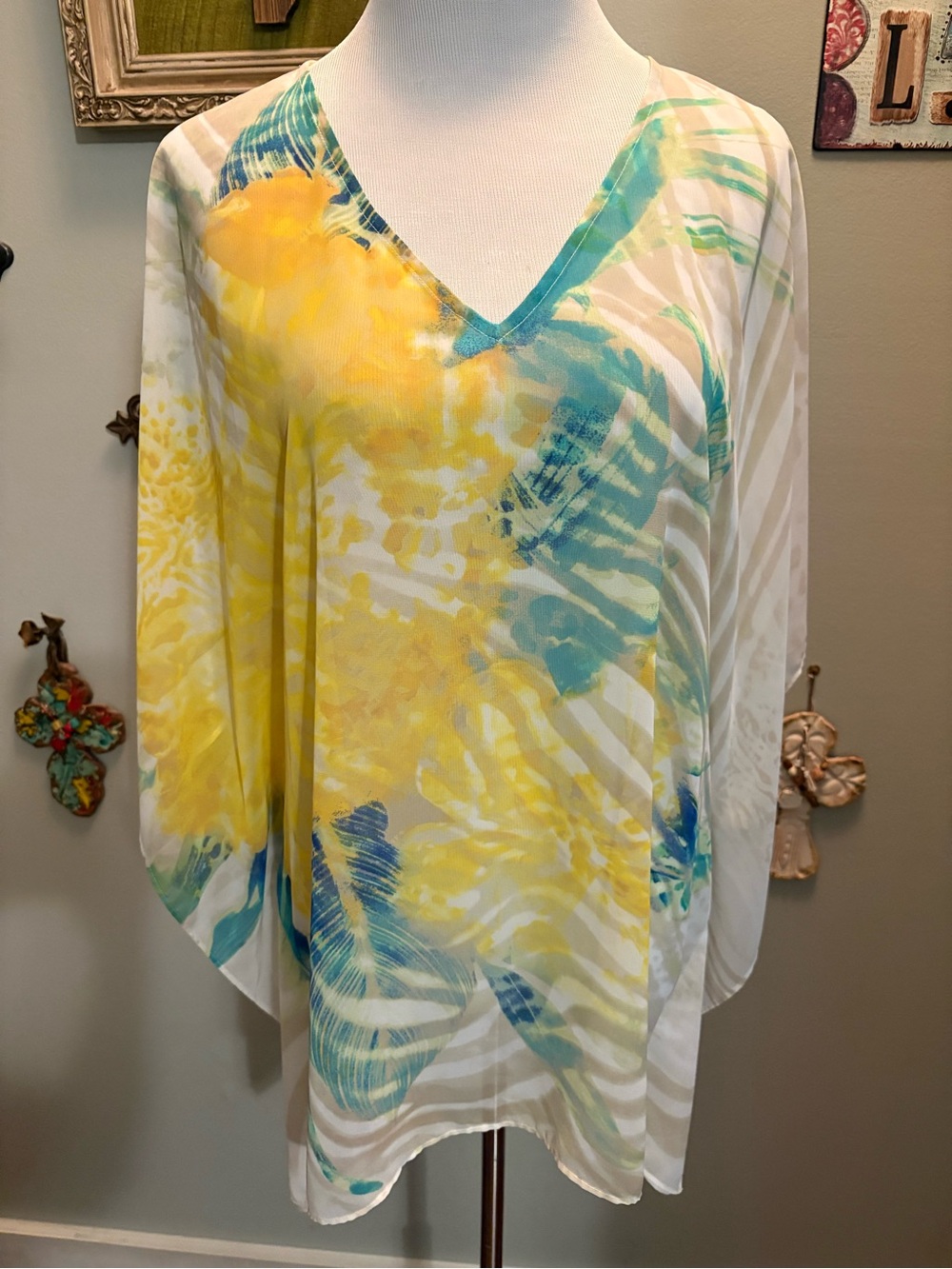 Chico's V-Neck Poncho Blouse in Yellow & Teal Brushstroke Print